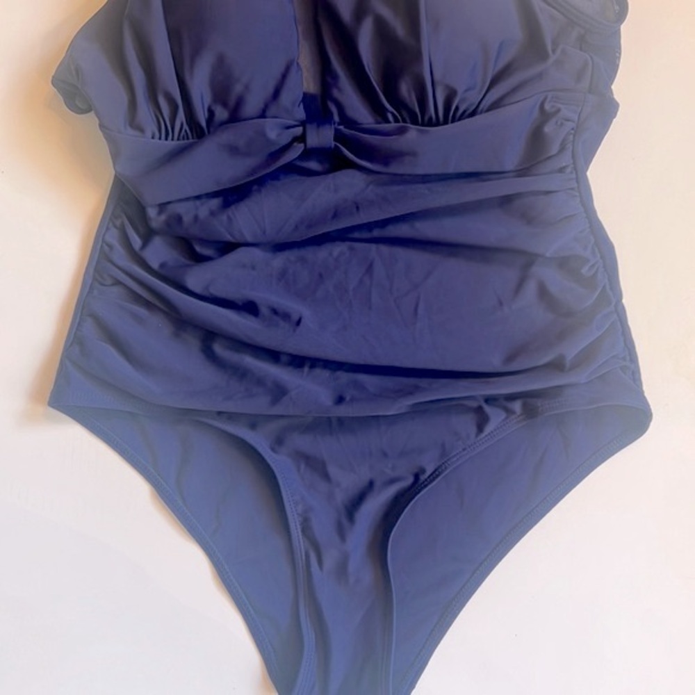 NWT Tempt Me navy blue high neck plunge mesh ruched swimsuit, size medium - Picture 4 of 9